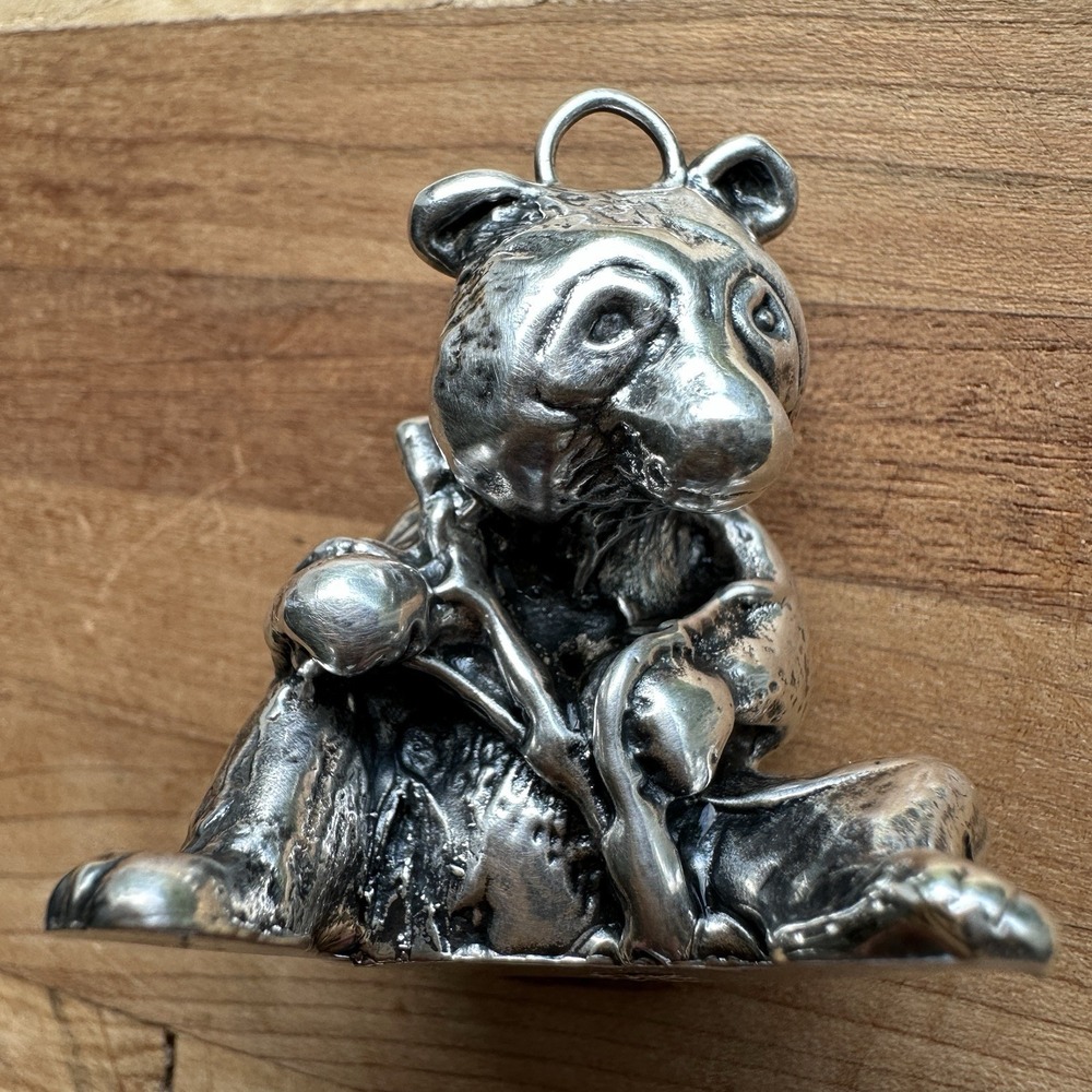 Vintage Sitting Panda Bear Bamboo Puffy Pendant 1.75 Inch 925 Sterling 12.3g